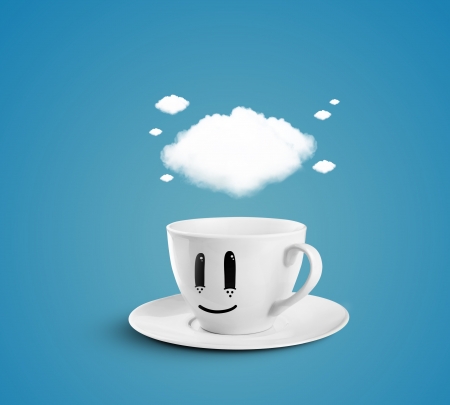 happy cup with cloud on a blue backgroundの写真素材