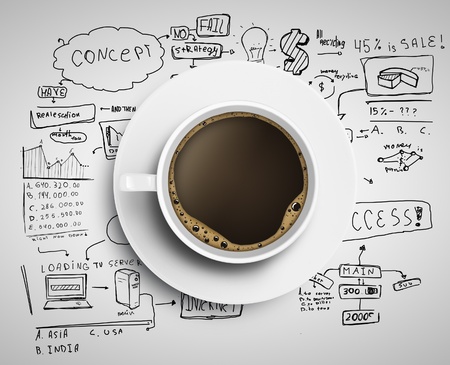 coffee cup and business strategy on a white backgroundの写真素材
