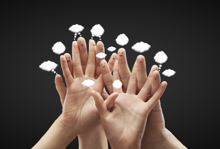 Happy group of finger smileys communicate with each otherの写真素材