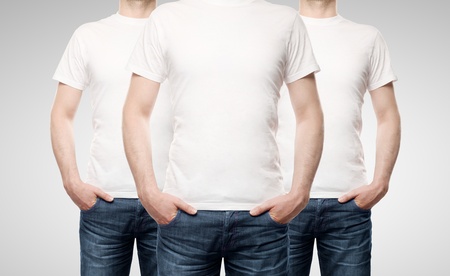 three guy in T-shirt on a white backgroundの写真素材