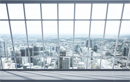 white room with big window in city