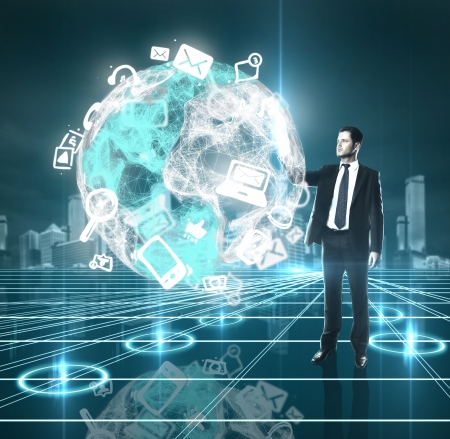 businessman pushing to interface abstract earthの写真素材