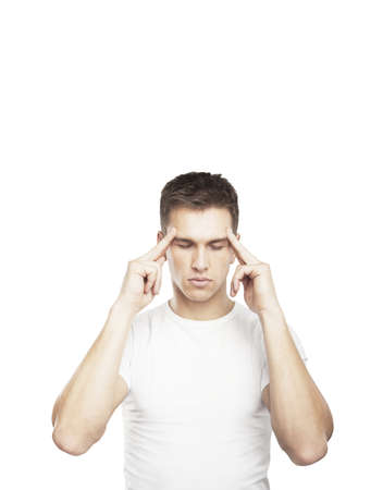 men thinking in white tshirtの写真素材