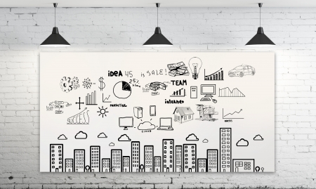 business scheme on poster and  three ceiling lampの写真素材