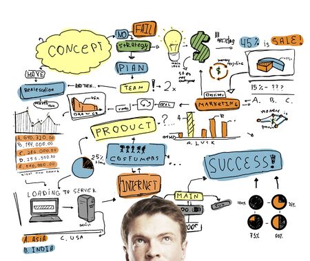 man thinking with drawing business conceptの写真素材