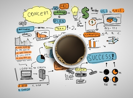 coffee cup and colorized business strategy on a white backgroundの写真素材