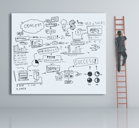 man climbing on ladder and business planの写真素材