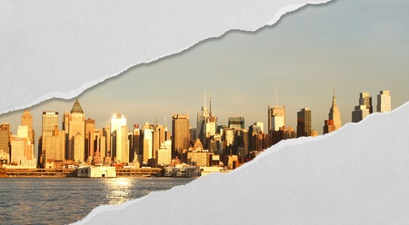 torn paper and modern city