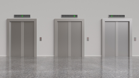 three elevator with closed doors, 3d renderの写真素材