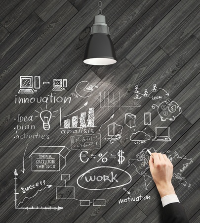hand drawing business strategy on wooden wallの写真素材