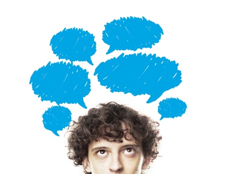 man thinking with speech bubbles