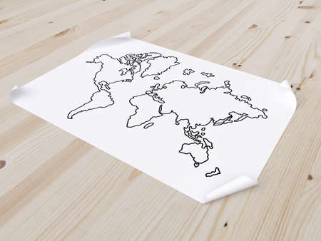wooden floor and paper with world mapの写真素材