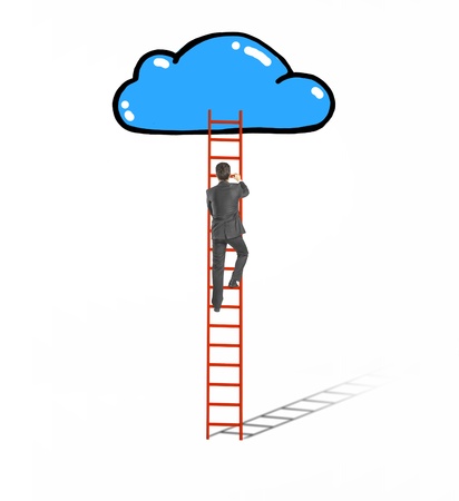 man climbing on ladder  to drawing cloudの写真素材