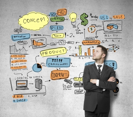 businessman leaning against a concrete wall  with color business strategyの写真素材
