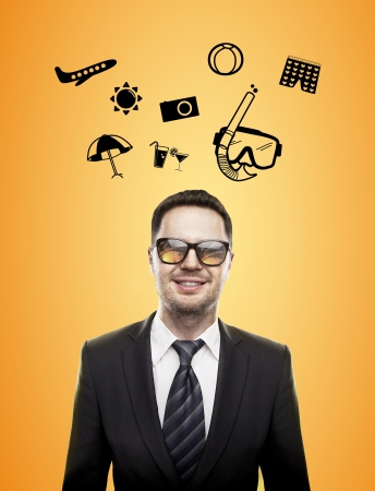 smile businessman and travel icons over headの写真素材