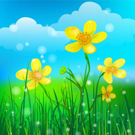 yellow flowers on green grass backgroundのイラスト素材