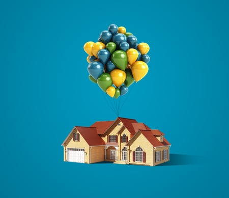 house and balloons on a blue backgroundの写真素材