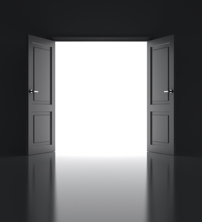 opened doors on white wallの写真素材