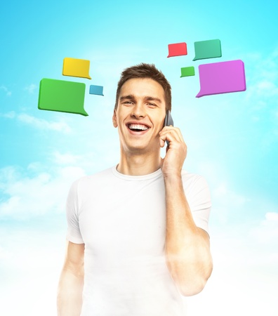 men standing with phone and  bubble talkの写真素材