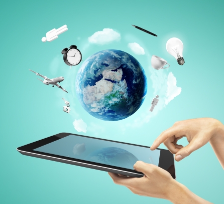 hands holding a tablet social media conceptの写真素材