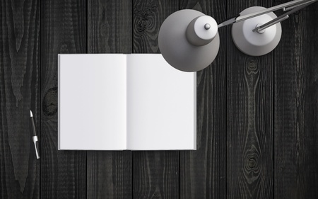 opened book and pen on the table with lampの写真素材