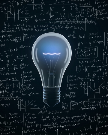 Light bulb with idea text on  mathematics  formula backgroundsの写真素材