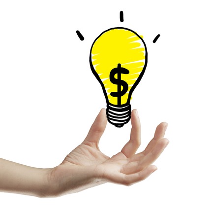 hand holding bulb with dollar symbolの写真素材