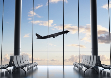 airport interior with big window and airplaneの写真素材
