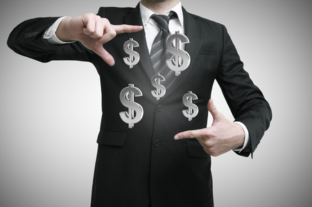 businessman showing hand square with dollars symbolの写真素材