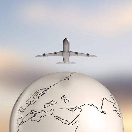 earth and airplane in skyの写真素材