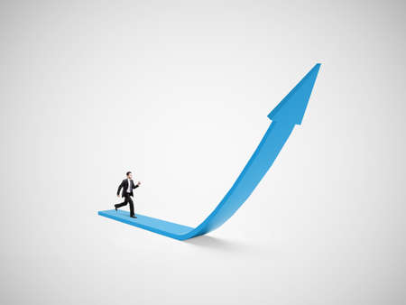 businessman in suit  running on blue arrow