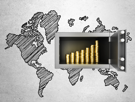 safe in concrete wall with growth money chart and world mapの写真素材
