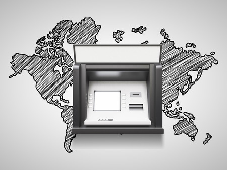 atm machine with blank display and world mapの写真素材