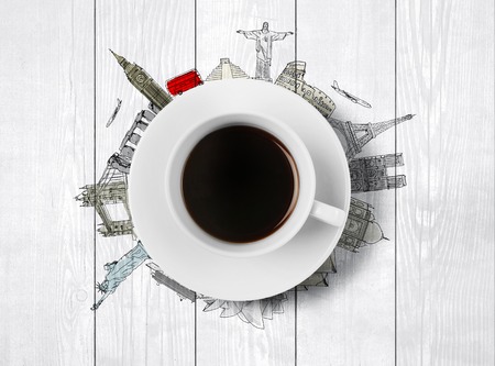 cup of coffee with drawing travelの写真素材