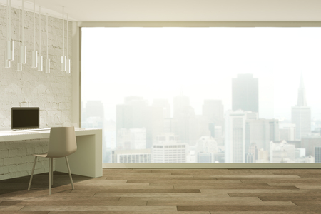 Loft studio design with panoramic window and misty city view. 3D Renderの写真素材