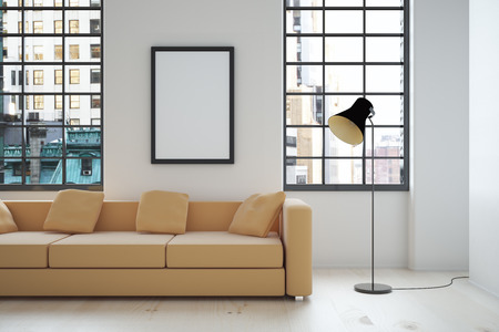 Interior design with beige sofa, blank picture frame, lamp and windows with city view. Mock up, 3D Renderの写真素材