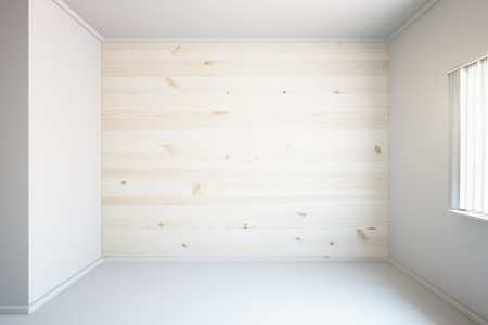 Blank light wooden wall in concrete room interior with window. Mock up, 3D Renderの写真素材
