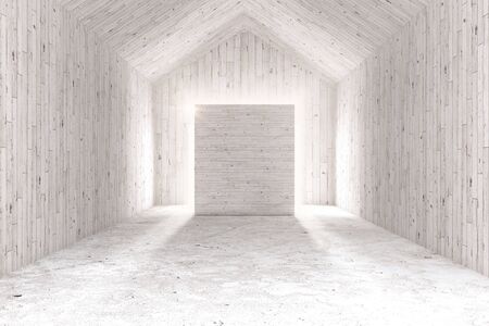White wooden interior with illuminated board. Mock up, 3D Render
