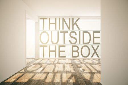 Thinking outside the box concept in sunlit room interior. 3D Render