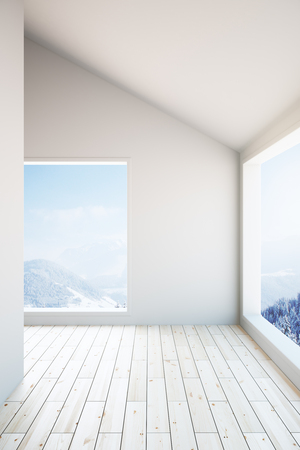 Empty interior design with white wooden floor and landscape view. 3D Renderingの写真素材