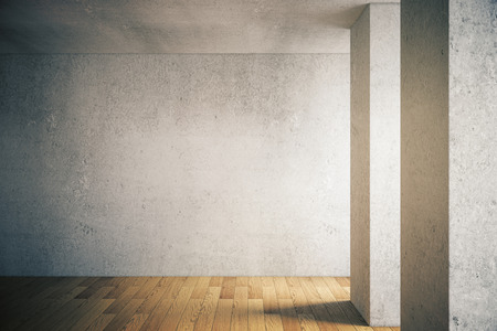 Sunlit interior with blank concrete wall and wooden floor. Mock up, 3D Renderの写真素材