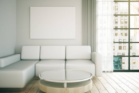 White interior design with couch, table, blank poster on wall and wooden floor. Mock up, 3D Renderingの写真素材