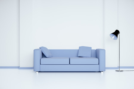 Blue sofa in white room with blank wall and lamp. Mock up, 3D Renderの写真素材