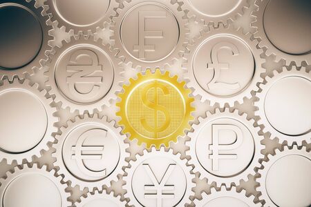 Financial system concept with different coin gears. 3D Renderingの写真素材