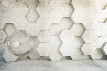 Closeup of honeycomb patterned wall in room with hanging chair. 3D Renderingの写真素材
