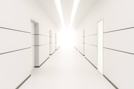 Modern bright corridor interior with multiple doors and light at the end. 3D Renderingの写真素材