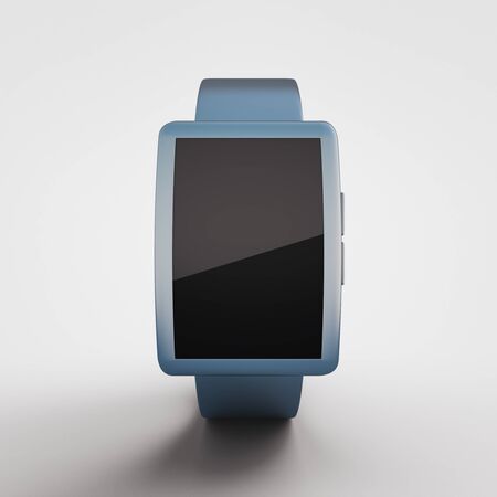 Closeup of blue smartwatch with blank screen on light background. Mock up, 3D Renderingの写真素材