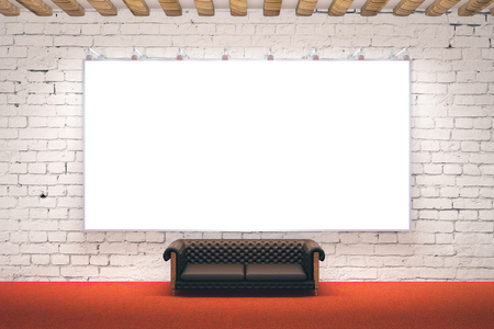 Large blank picture frame in room with brick wall, wood plank ceiling, red carpet flooring and leather sofa. Mock up, 3D Renderingの写真素材