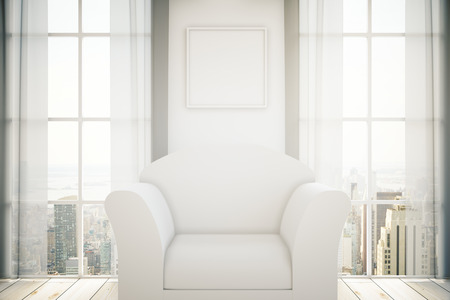 White armchair in room with blank picture frame on wall, two windows with curtains and city view. Mock up, 3D Renderingの写真素材