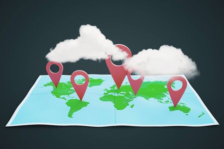 Map with location pins and clouds on dark background. Traveling concept. 3D Renderingの写真素材